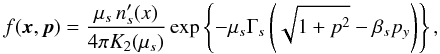 Mathematical equation: \appendix \setcounter{section}{3} \begin{equation} \label{equ:Jutt_Harris} f(\vec{x},\vec{p}) = \frac{\mu_s\,n'_s(x)}{4\pi K_2(\mu_s)} \exp\left\{ -\mu_s\Gamma_s\left(\sqrt{1+p^2} - \beta_s p_y\right) \right\}, \end{equation}
