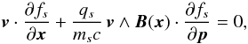 Mathematical equation: \appendix \setcounter{section}{3} \begin{equation} \label{equ:Vlasov_Harris} \vec{v}\cdot\frac{\partial f_s}{\partial\vec{x}} + \frac{q_s}{m_sc}\, \vec{v}\wedge\vec{B}(\vec{x})\cdot\frac{\partial f_s}{\partial\vec{p}} = 0, \end{equation}