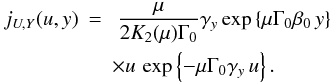 Mathematical equation: \appendix \setcounter{section}{4} \begin{eqnarray} j_{U,Y}(u,y) &=&~ \frac{\mu}{2 K_2(\mu) \Gamma_0} \gamma_y \exp\left\{\mu\Gamma_0\beta_0\,y\right\}\notag \\ &&\times u \, \exp\left\{ -\mu\Gamma_0\gamma_y\,u \right\}. \end{eqnarray}
