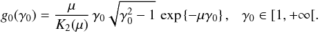 Mathematical equation: \appendix \setcounter{section}{5} \begin{equation} g_{0}(\gamma_0) = \frac{\mu}{K_2(\mu)}\, \gamma_0\sqrt{\gamma_0^2-1}\,\exp\left\{-\mu\gamma_0\right\},~~~\gamma_0\in[1,+\infty[. \end{equation}