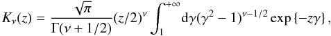 Mathematical equation: \appendix \setcounter{section}{5} \begin{equation} \label{equ:calc_of_I} K_\nu(z) = \frac{\sqrt{\pi}}{\Gamma(\nu+1/2)}(z/2)^\nu \int_1^{+\infty}\!\dif\gamma (\gamma^2-1)^{\nu-1/2} \exp\left\{-z\gamma\right\}, \end{equation}