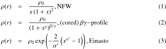 Mathematical equation: \begin{eqnarray} \rho(r) &= &\frac{\rho_0}{ x \left(1+x \right)^2}, \text{NFW}\\ \rho(r) &= &\frac{\rho_0}{\left(1+ x^\gamma \right)^{\beta/\gamma}}, \text{(cored) }\beta\gamma{\rm-profile} \\ \rho(r) &=& \rho_0 \exp \left( -\frac{2}{\alpha'} \left( x^{\alpha'} -1 \right) \right), \text{Einasto} \end{eqnarray}