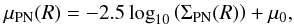 Mathematical equation: \begin{eqnarray} \mu_{\mathrm{PN}}(R)=-2.5\log_{10}\left(\Sigma_{\mathrm{PN}}(R)\right)+\mu_0, \label{rho} \end{eqnarray}