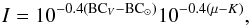 Mathematical equation: \begin{eqnarray*} I =10^{-0.4\left(\mathrm{BC}_V-\mathrm{BC_{\odot}}\right)}10^{-0.4\left(\mu-K \right)}, \end{eqnarray*}