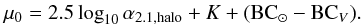 Mathematical equation: \begin{eqnarray} \mu_0=2.5\log_{10}\alpha_{2.1, {\rm halo}}+ K +({\rm BC}_{\odot}-{\rm BC}_V). \label{mu_0} \end{eqnarray}