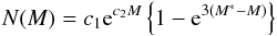 Mathematical equation: \begin{eqnarray} {N}(M) = c_1{\rm e}^{c_{2}M}\left\{1-{\rm e}^{3(M^*-M)}\right\} \label{PNLF_eq} \end{eqnarray}
