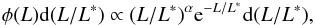 Mathematical equation: \begin{eqnarray} \phi(L){\rm d} (L/L^*)\propto(L/L^*)^{\alpha}{\rm e}^{-L/L^*}{\rm d}(L/L^*), \end{eqnarray}