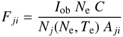 Mathematical equation: \begin{eqnarray} F_{ji}= { I_{\rm ob} \; N_{\rm e} \; C \over N_j(N_{\rm e}, T_{\rm e}) \;A_{ji}} \end{eqnarray}