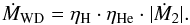 Mathematical equation: \begin{equation} \dot{M}_{\rm WD} = \eta_{\rm H}\cdot \eta_{\rm He}\cdot |\dot{M}_2| . \label{MdotWD} \end{equation}