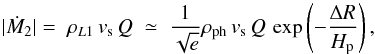Mathematical equation: \begin{equation} |\dot{M}_2| = \;\rho _{ L1}\,v_{\rm s} \, Q \; \simeq \; \frac{1}{\sqrt{e}}\rho _{\rm ph}\,v_{\rm s}\,Q\,\exp\left(-\frac{\Delta R}{H_{\rm p}}\right) , \label{eq:mtr} \end{equation}