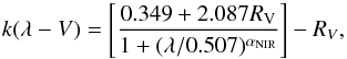 Mathematical equation: \begin{equation} k(\lambda-V) = \left[ \frac{0.349+2.087R_{\rm V}}{1 + (\lambda/0.507)^{\alpha_{\rm NIR}}} \right]- R_{V}, \label{eq_NIRext_fit} \end{equation}