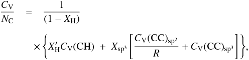 Mathematical equation: \appendix \setcounter{section}{2} \begin{eqnarray} \frac{C_{\rm V}}{N_{\rm C}} &=& \frac{1}{(1-X_{\rm H})} \nonumber\\[2mm] &&\hskip-3mm \times\, \Bigg\{ X_{\rm H}^\prime C_{\rm V}({\rm CH}) \ + \ X_{\rm sp^3} \left[ \frac{C_{\rm V}({\rm CC})_{\rm sp^2}}{R} + C_{\rm V}({\rm CC})_{\rm sp^3} \right] \Bigg\}, \label{eq_Cv_4} \end{eqnarray}