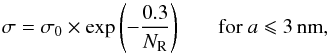 Mathematical equation: \appendix \setcounter{section}{3} \begin{equation} \sigma = \sigma_0 \times {\rm exp} \left( - \frac{0.3}{N_{\rm R}} \right) \ \ \ \ \ \ \ {\rm for} \ a \leqslant 3\,{\rm nm}, \label{eq_UVbump_narrowing} \end{equation}
