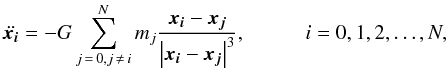 Mathematical equation: \begin{equation} \label{equ:grav1} \ddot{ \vect{x_i}} = - G \sum_{j\,=\,0,j\,\neq\, i}^{N} {m_j \frac{\vect{x_i}-\vect{x_j}}{\left| \vect{x_i}-\vect{x_j} \right|^3} } ,\hspace{1.0cm} i = 0,1,2,\dots,N, \end{equation}