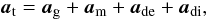 Mathematical equation: \begin{equation} \vect{a}_{\rm t} = \vect{a}_{\rm g} + \vect{a}_{\rm m} + \vect{a}_{\rm de} + \vect{a}_{\rm di}, \end{equation}