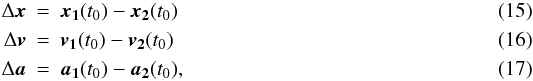 Mathematical equation: \begin{eqnarray} \Delta \vect{x} &= &\vect{x_1}(t_0) - \vect{x_2}(t_0) \\ \Delta \vect{v}& =& \vect{v_1}(t_0) - \vect{v_2}(t_0) \\ \Delta \vect{a} &= &\vect{a_1}(t_0) - \vect{a_2}(t_0), \end{eqnarray}