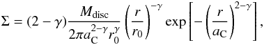 Mathematical equation: \begin{equation} \Sigma = (2 - \gamma) { \mdisk \over 2 \pi \ac ^{2-\gamma} \rzero^\gamma } \left( {r \over \rzero} \right)^{-\gamma} \exp \left[ - \left( {r \over \ac} \right) ^{2-\gamma} \right] , \end{equation}