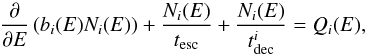 Mathematical equation: \begin{equation} \label{eq:pion} \frac{\partial }{\partial E} \left( b_{i}(E) N_{i}(E) \right)+ \frac{N_{i}(E)}{t_{\rm{esc}}} + \frac{N_{i}(E)}{t^{i}_{\rm{dec}}} = Q_{i}(E), \end{equation}