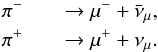 Mathematical equation: \begin{eqnarray} \pi^{-} &&\rightarrow \mu^{-} + \bar{\nu}_{\mu} , \nonumber\\ \pi^{+}&& \rightarrow \mu^{+} + \nu_{\mu}. \end{eqnarray}