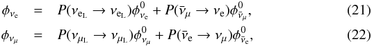 Mathematical equation: \begin{eqnarray} \phi_{\nu_{\rm e}} &=& P(\nu_{{\rm e}_{\rm{L}}} \rightarrow \nu_{{\rm e}_{\rm{L}}}) \phi^0_{\nu_{\rm e}} + P(\bar{\nu}_{\mu} \rightarrow \nu_{\rm e}) \phi^0_{\bar{\nu}_{\mu}} , \\ \phi_{\nu_{\mu}} &=& P(\nu_{\mu_{\rm{L}}} \rightarrow \nu_{\mu_{\rm{L}}}) \phi^0_{\nu_{\mu}} + P(\bar{\nu}_{\rm e} \rightarrow \nu_{\mu}) \phi^0_{\bar{\nu}_{\rm e}} , \end{eqnarray}