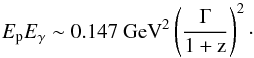 Mathematical equation: \begin{equation} E_{\rm p}E_{\gamma} \sim 0.147~\rm{ GeV}^2 \left( \frac{\Gamma}{1+z} \right)^2\cdot \end{equation}