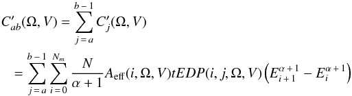Mathematical equation: \begin{eqnarray} \label{obscounts} &&C'_{ab}(\Omega,V)=\sum_{j\,=\,a}^{b\,-\,1}C'_j(\Omega,V)\nonumber\\ &&~~~~~~~=\sum_{j\,=\,a}^{b\,-\,1}\sum_{i\,=\,0}^{N_m}\frac{N}{\alpha+1} A_\mathrm{eff}(i,\Omega,V) t EDP(i,j, \Omega,V)\left(E_{i\,+\,1}^{\alpha\,+\,1}-E_i^{\alpha\,+\,1}\right) \end{eqnarray}