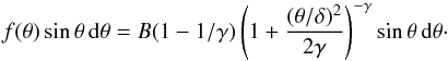 Mathematical equation: \begin{eqnarray} \label{kingfunction} f(\theta)\sin \theta\,\mathrm{d}\theta = B(1-1/\gamma)\left(1+\frac{(\theta/\delta)^2}{2\gamma}\right)^{-\gamma}\sin \theta\,\mathrm{d}\theta\cdot \end{eqnarray}