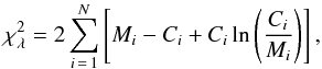 Mathematical equation: \begin{equation} \chi_{\lambda}^2 = 2 \sum_{i\,=\,1}^{N}\left[ M_i - C_i + C_i \ln\left(\frac{C_i}{M_i}\right)\right], \label{eq_ml} \end{equation}