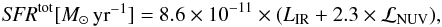 Mathematical equation: \begin{eqnarray} \label{eq:sfr} {\it SFR}^\txn{tot}[\MsunYr]= 8.6\times 10^{-11} \times (\Lir+2.3\times {\cal L}_{\rm NUV}), \end{eqnarray}