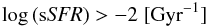 Mathematical equation: \begin{eqnarray*} \log\,({\rm s}{\it SFR})>-2\;[{\rm Gyr}^{-1}] \end{eqnarray*}