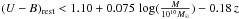 Mathematical equation: \hbox{$(U-B)_{\rm rest}<1.10+0.075\,\log(\frac{ M}{10^{10} M_{\odot}})-0.18\,z$}