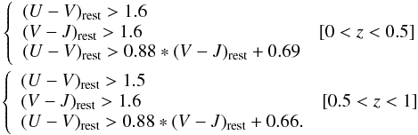 Mathematical equation: \begin{eqnarray*} \left\{ \begin{array}{ll} (U-V)_{\rm rest}>1.6 &\\ (V-J)_{\rm rest}>1.6 & [0<z<0.5]\\ (U-V)_{\rm rest}>0.88*(V-J)_{\rm rest}+0.69\nonumber \end{array} \right. \\ \left\{ \begin{array}{ll} (U-V)_{\rm rest}>1.5 &\\ (V-J)_{\rm rest}>1.6 & [0.5<z<1]\\ (U-V)_{\rm rest}>0.88*(V-J)_{\rm rest}+0.66.\nonumber \end{array} \right. \end{eqnarray*}