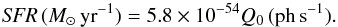 Mathematical equation: \begin{equation} \label{eq:LyC Stars} {\it SFR}\,({M}_{\odot}\,\mathrm{yr}^{-1} ) = 5.8\times10^{-54} Q_{\mathrm{0}}\,(\mathrm{ph\,s}^{-1}). \end{equation}