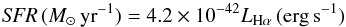 Mathematical equation: \begin{equation} \label{eq:LyC Halpha} {\it SFR}\,({M}_{\odot}\,\mathrm{yr}^{-1} ) = 4.2\times10^{-42} L_{\mathrm{H}\alpha}\,(\mathrm{erg\,s}^{-1}) \end{equation}