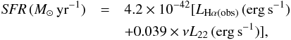 Mathematical equation: \begin{eqnarray} \label{eq:LyC + MIR} {\it SFR}\,({M}_{\odot}\,\mathrm{yr}^{-1} ) &=& 4.2\times10^{-42}[ L_{\mathrm{H}\alpha(\mathrm{obs})} \,(\mathrm{erg\,s}^{-1}) \nonumber \\ && + 0.039 \times \nu L_{22}\,(\mathrm{erg\,s}^{-1})], \end{eqnarray}