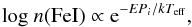 Mathematical equation: \begin{equation} {\rm log}~n ({\rm FeI}) \propto {\rm e}^{-EP_{i}/kT_{\rm eff}}, \end{equation}