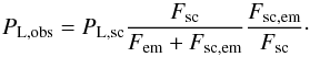 Mathematical equation: \begin{equation} P_{\rm L,obs} = P_{\rm L,sc} \frac{F_{\rm sc}}{F_{\rm em}+F_{\rm sc,em}} \frac{F_{\rm sc,em}}{F_{\rm sc}}\cdot \label{pol_eq2} \end{equation}