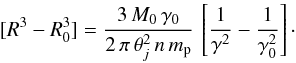 Mathematical equation: \appendix \setcounter{section}{1} \begin{equation} [R^3-R_0^3]= {3\, M_0\,\gamma_0 \over 2\,\pi\,\theta_j^2\,n\,m_{\rm p}}\, \left[{1\over \gamma^2}-{1\over \gamma_0^2}\right]\cdot \label{Rgamma} \end{equation}