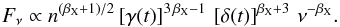 Mathematical equation: \appendix \setcounter{section}{2} \begin{equation} F_{\nu} \propto n^{(\beta_{\rm X}+1)/2}\, [\gamma(t)]^{3\,\beta_{\rm X}-1}\, \left[\delta(t)\right]^{\beta_{\rm X}+3}\, \nu^{-\beta_{\rm X}}. \label{Fnu} \end{equation}