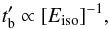 Mathematical equation: \begin{equation} t'_{\rm b} \propto [E_{\rm iso}]^{-1}, \label{tbc1} \end{equation}