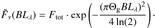 Mathematical equation: \begin{equation} \label{eq:radial1} \tilde{F}_{\nu}(BL_{\lambda}) = F_{\rm tot} \cdot \exp\left(- \frac{(\pi \Theta_{\rm g} BL_{\lambda})^2}{4 \ln(2)}\right)\cdot \end{equation}