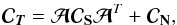 Mathematical equation: \begin{equation} {\Cb}_{\Tb} = \Ab \Cb_{\Sb} \Ab^{T} + \Cb_{\Nb}, \label{ctnoised} \end{equation}