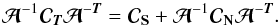 Mathematical equation: \begin{equation} \Ab^{-1} {\Cb}_{\Tb} \Ab^{-\Tb} = \Cb_{\Sb} + \Ab^{-1} \Cb_{\Nb} \Ab^{-\Tb}. \label{csnoise} \end{equation}