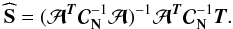 Mathematical equation: \begin{eqnarray} \widehat \Sb = ({\Ab}^{\Tb} \Cb_{\Nb}^{-1} \Ab)^{-1} \Ab^{\Tb} {\Cb}_{\Nb}^{-1} \Tb. \label{maxlike} \end{eqnarray}