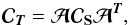 Mathematical equation: \begin{equation} {\Cb}_{\Tb} = \Ab \Cb_{\Sb} \Ab^{\Tb}, \label{ctnoiseless} \end{equation}
