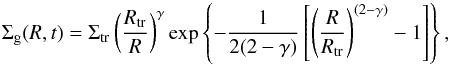 Mathematical equation: \begin{equation} \Sigma_{\rm g}(R,t) = \Sigma_{\rm tr} \left( \frac{R_{\rm tr}}{R} \right)^{\gamma} \exp \left\{ -\frac{1}{2(2-\gamma)} \left[ \left( \frac{R}{R_{\rm tr}} \right)^{(2-\gamma)} - 1 \right] \right\}, \label{eq:selfsimilar_solution} \end{equation}