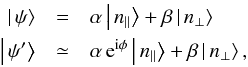 Mathematical equation: \begin{eqnarray} \left|\,\psi\right\rangle & = & \alpha \left|\,n_{\Vert}\right\rangle + \beta \left|\,n_{\bot}\right\rangle\notag\\ \left|\,\psi'\right\rangle & \simeq & \alpha\,{\rm e}^{\rm i\phi} \left|\,n_{\Vert}\right\rangle + \beta \left|\,n_{\bot}\right\rangle, \label{eq:psi} \end{eqnarray}