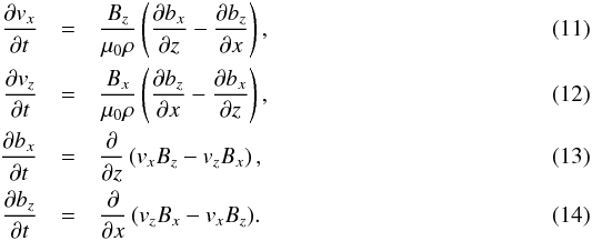 Mathematical equation: \begin{eqnarray} \label{eq:fast_1} \frac{\partial v_x}{\partial t}&=&\frac{B_z}{\mu_0\rho}\left(\frac{\partial b_x}{\partial z}-\frac{\partial b_z}{\partial x}\right),\\ \label{eq:fast_2} \frac{\partial v_z}{\partial t}&=&\frac{B_x}{\mu_0\rho}\left(\frac{\partial b_z}{\partial x}-\frac{\partial b_x}{\partial z}\right),\\ \label{eq:fast_3} \frac{\partial b_x}{\partial t}&=&\frac{\partial}{\partial z}\left(v_x B_z - v_z B_x\right),\\ \label{eq:fast_4} \frac{\partial b_z}{\partial t}&=&\frac{\partial}{\partial x}\left(v_z B_x - v_x B_z\right)\!. \end{eqnarray}
