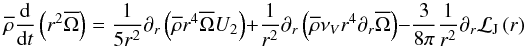 Mathematical equation: \begin{equation} {\overline\rho}\frac{{\rm d}}{{\rm d}t}\left(r^2\overline{\Omega}\right)=\frac{1}{5r^2}\partial_{r}\left({\overline\rho} r^4 \overline{\Omega}U_{2}\right)+\frac{1}{r^2}\partial_{r}\left({\overline\rho}\nu_{V}r^4\partial_{r}\overline{\Omega}\right)-\frac{3}{8\pi}\frac{1}{r^2}\partial_{r}{\mathcal L}_{\rm J}\left(r\right) \end{equation}