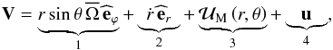 Mathematical equation: \begin{equation} \vec V=\underbrace{r\sin\theta\,{\overline\Omega}\,{\widehat{\vec e}}_{\varphi}}_{1}+\underbrace{{\dot r}\,{\widehat{\vec e}}_{r}}_{2}+\underbrace{{\vec{\mathcal U}}_{\rm M}\left(r,\theta\right)}_{3}+\underbrace{\vec u}_{4}, \end{equation}